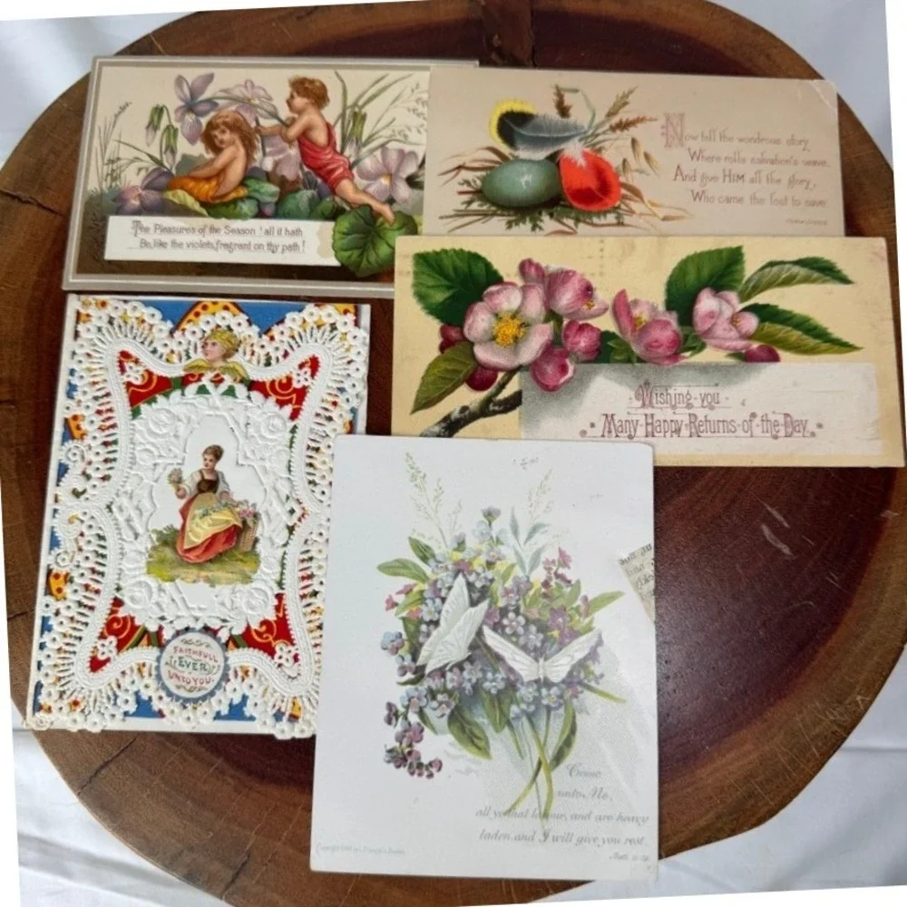 Antique Victorian Cards Ephemera L Prang Co Chromolithograph Floral Cherub 1880s